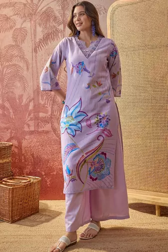 lavender floral printed   cotton stitched straight trouser salwar suit set