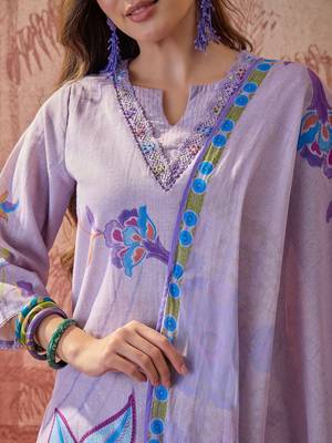 lavender floral printed   cotton stitched straight trouser salwar suit set 4