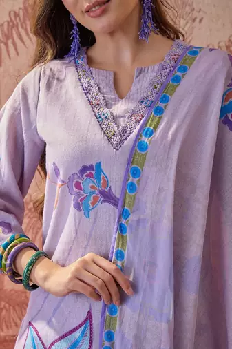 lavender floral printed   cotton stitched straight trouser salwar suit set