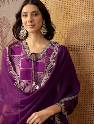 purple geometric printed silk blend stitched straight trouser salwar suit set 2