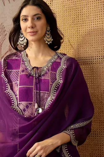 purple geometric printed silk blend stitched straight trouser salwar suit set