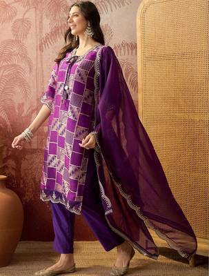 purple geometric printed silk blend stitched straight trouser salwar suit set 3