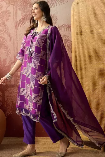purple geometric printed silk blend stitched straight trouser salwar suit set
