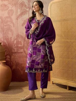 purple geometric printed silk blend stitched straight trouser salwar suit set 1