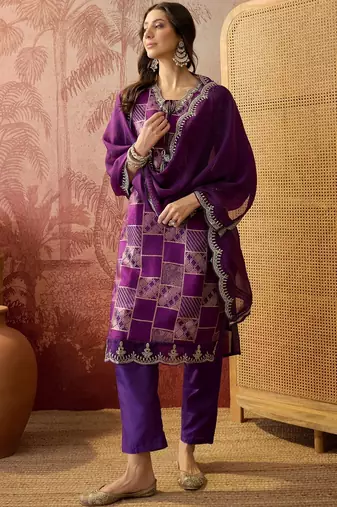 purple geometric printed silk blend stitched straight trouser salwar suit set