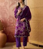 purple geometric printed silk blend stitched straight trouser salwar suit set