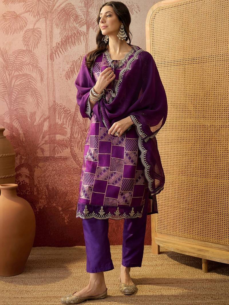 purple geometric printed silk blend stitched straight trouser salwar suit set
