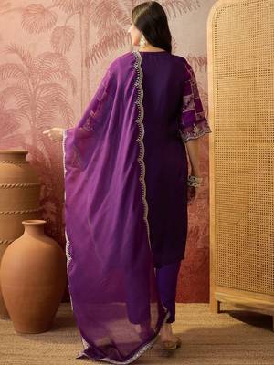 purple geometric printed silk blend stitched straight trouser salwar suit set 4