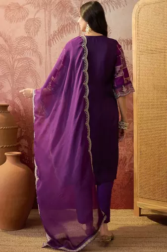 purple geometric printed silk blend stitched straight trouser salwar suit set
