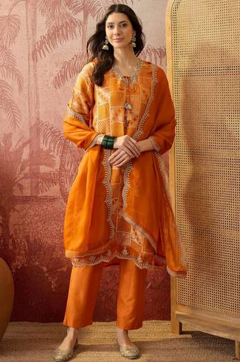 orange geometric printed silk blend stitched straight trouser salwar suit set