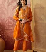 orange geometric printed silk blend stitched straight trouser salwar suit set