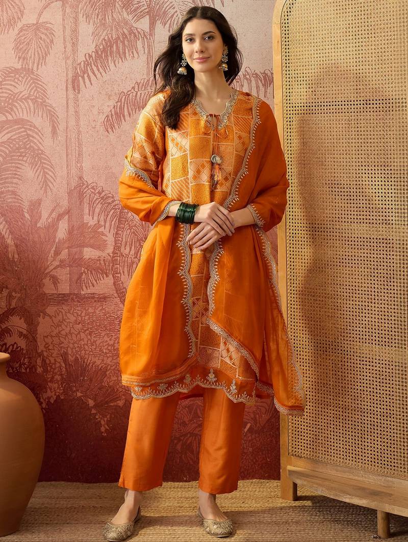 orange geometric printed silk blend stitched straight trouser salwar suit set