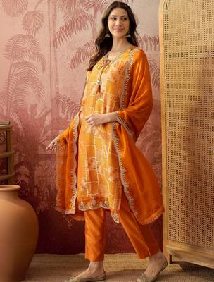 orange geometric printed silk blend stitched straight trouser salwar suit set 2