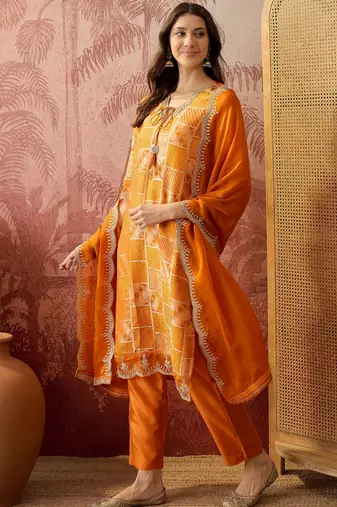 orange geometric printed silk blend stitched straight trouser salwar suit set