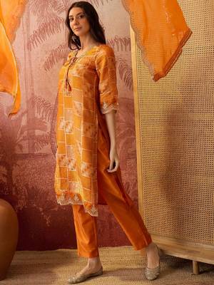 orange geometric printed silk blend stitched straight trouser salwar suit set 3