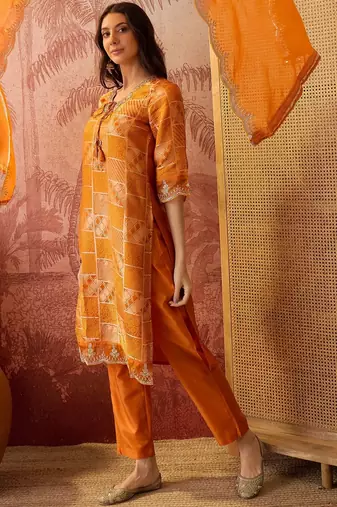 orange geometric printed silk blend stitched straight trouser salwar suit set