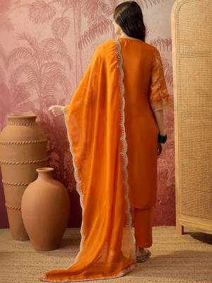orange geometric printed silk blend stitched straight trouser salwar suit set 4