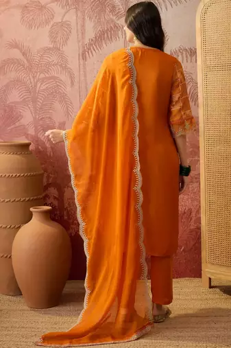 orange geometric printed silk blend stitched straight trouser salwar suit set