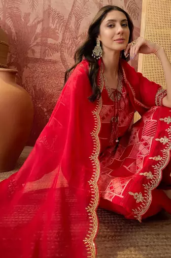 red geometric printed silk blend stitched straight trouser salwar suit set