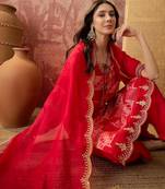 red geometric printed silk blend stitched straight trouser salwar suit set
