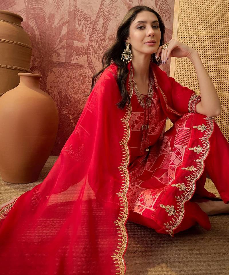 red geometric printed silk blend stitched straight trouser salwar suit set