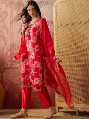 red geometric printed silk blend stitched straight trouser salwar suit set 2