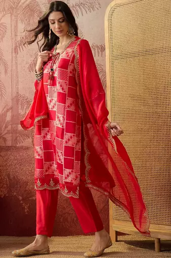 red geometric printed silk blend stitched straight trouser salwar suit set