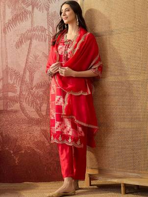 red geometric printed silk blend stitched straight trouser salwar suit set 3