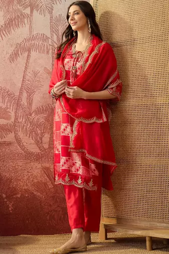 red geometric printed silk blend stitched straight trouser salwar suit set