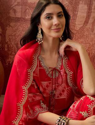 red geometric printed silk blend stitched straight trouser salwar suit set 4