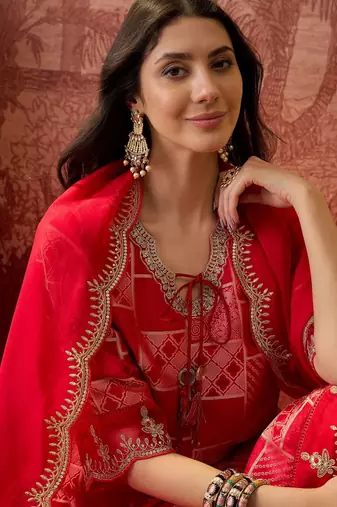 red geometric printed silk blend stitched straight trouser salwar suit set