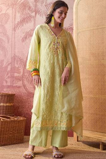 lime green chikankari embroidered   cotton stitched straight palazzo salwar suit set