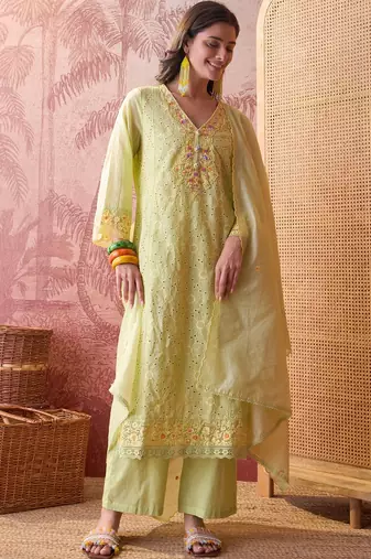 lime green chikankari embroidered   cotton stitched straight palazzo salwar suit set