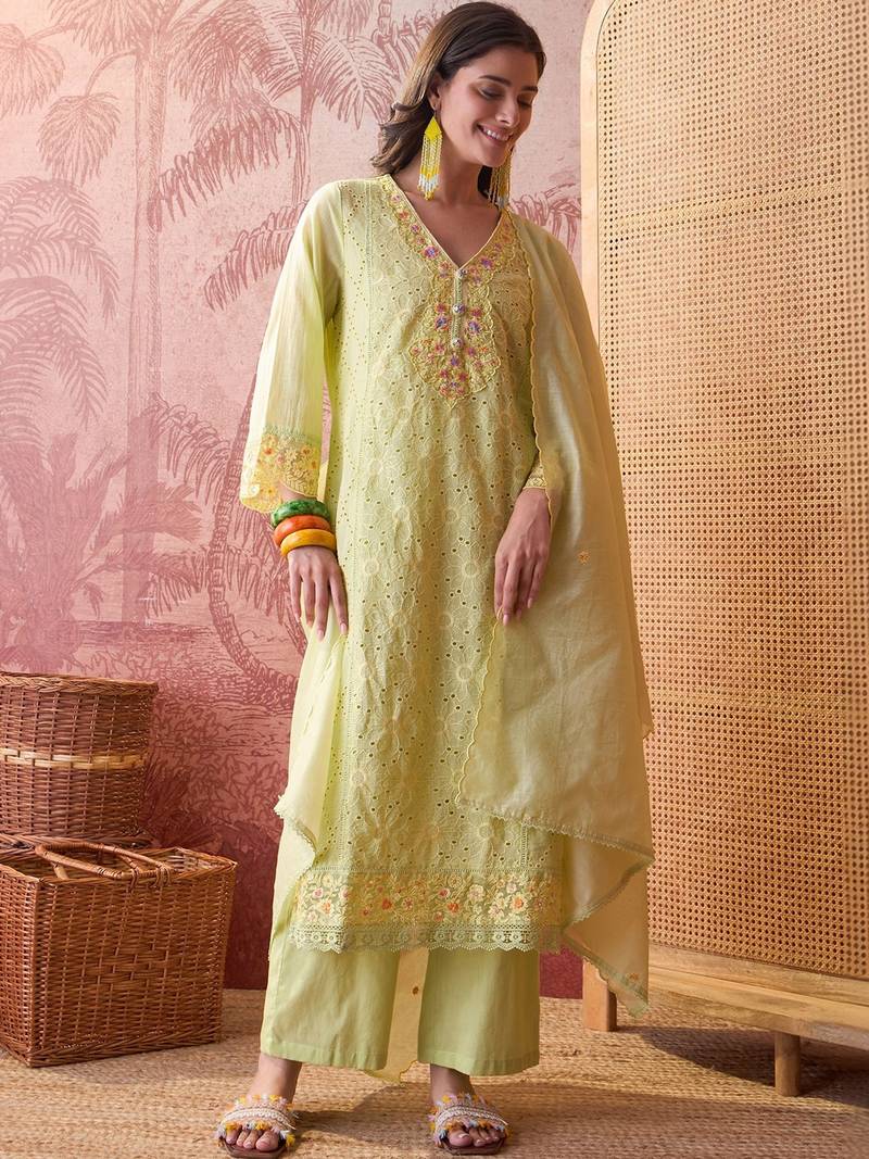 lime green chikankari embroidered   cotton stitched straight palazzo salwar suit set