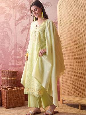 lime green chikankari embroidered   cotton stitched straight palazzo salwar suit set 2
