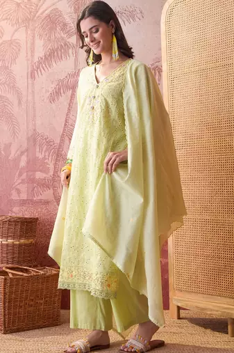 lime green chikankari embroidered   cotton stitched straight palazzo salwar suit set
