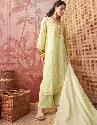 lime green chikankari embroidered   cotton stitched straight palazzo salwar suit set 3