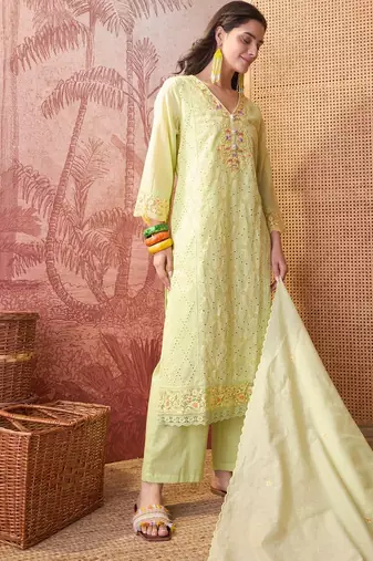 lime green chikankari embroidered   cotton stitched straight palazzo salwar suit set