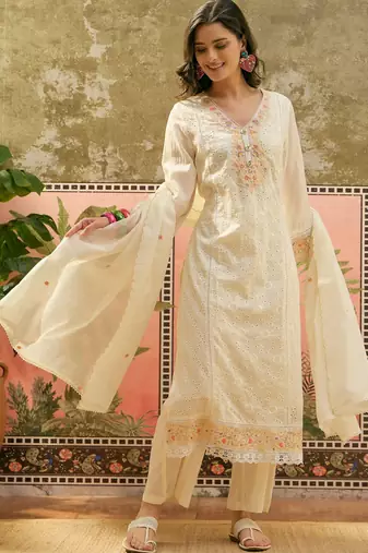 off white chikankari embroidered   cotton stitched straight palazzo salwar suit set