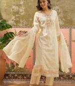 off white chikankari embroidered   cotton stitched straight palazzo salwar suit set
