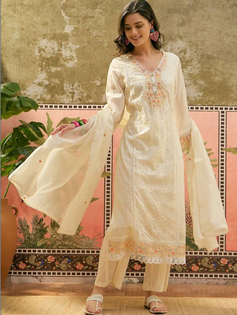 off white chikankari embroidered   cotton stitched straight palazzo salwar suit set