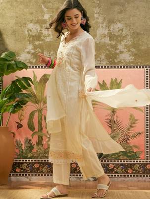 off white chikankari embroidered   cotton stitched straight palazzo salwar suit set 2