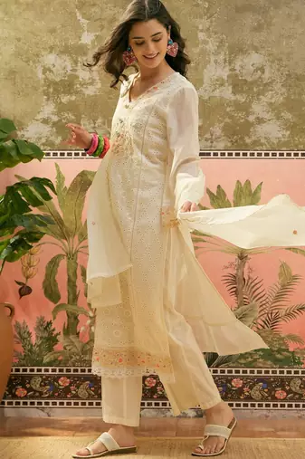 off white chikankari embroidered   cotton stitched straight palazzo salwar suit set