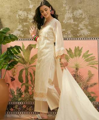 off white chikankari embroidered   cotton stitched straight palazzo salwar suit set 3