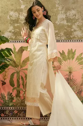 off white chikankari embroidered   cotton stitched straight palazzo salwar suit set