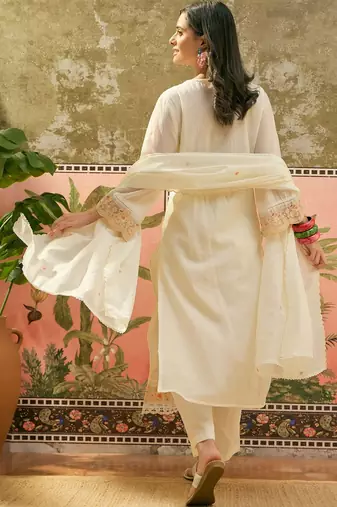 off white chikankari embroidered   cotton stitched straight palazzo salwar suit set
