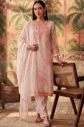 peach floral printed thread work cotton blend stitched straight trouser salwar suit set
