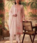 peach floral printed thread work cotton blend stitched straight trouser salwar suit set