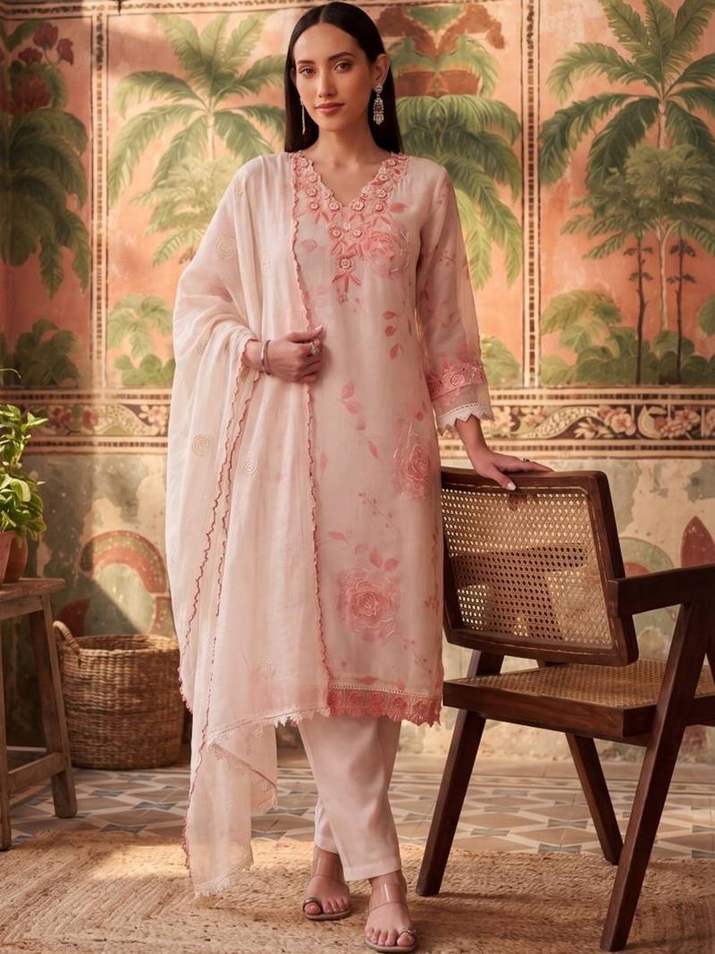 peach floral printed thread work cotton blend stitched straight trouser salwar suit set