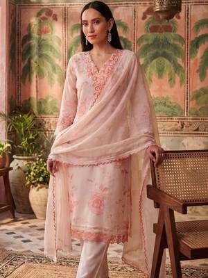 peach floral printed thread work cotton blend stitched straight trouser salwar suit set 2